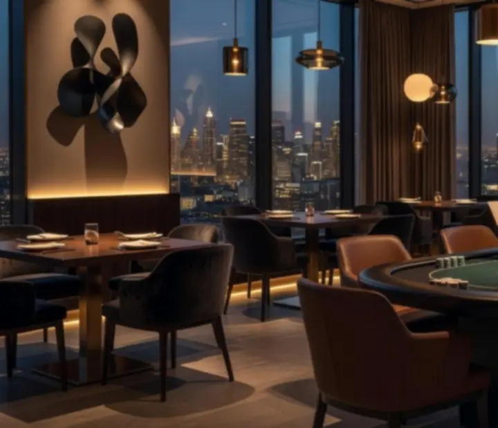 Designový interiér restaurace s atmosférickým večerním osvětlením