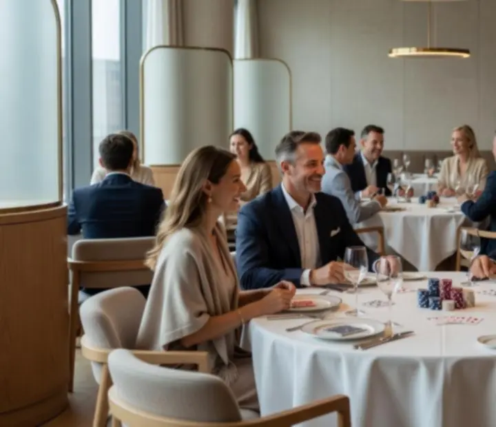 Elegantní pokerový večer v luxusní restauraci se společensky naladěnými hosty