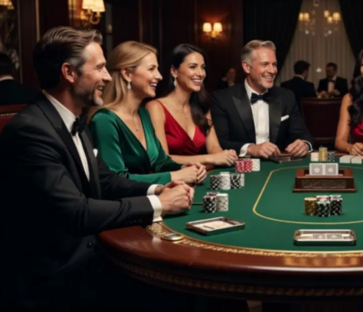 Skupina elegantně oblečených hostů, kteří se usmívají u pokerového stolu