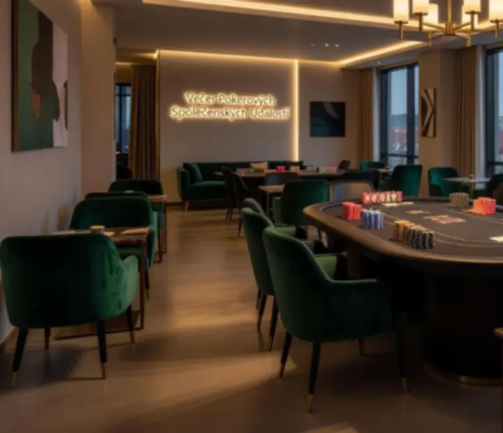 Cinematický záběr luxusní restaurace připravené na pokerový večer se symbolickými žetony