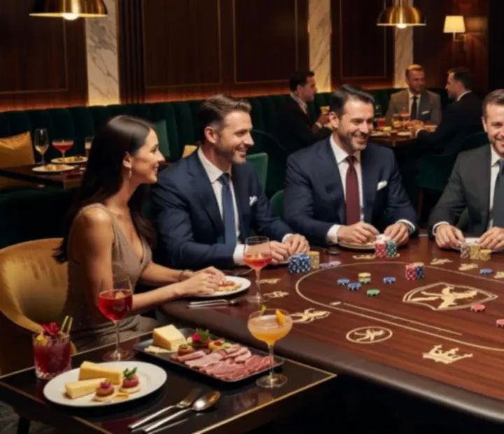 Elegantní pokerový večer v osvětlené restauraci se spokojenými hosty