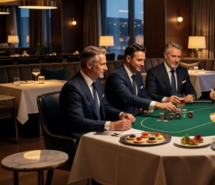 Elegantně nasvícená restaurace připravená na firemní večer s pokerovou tématikou