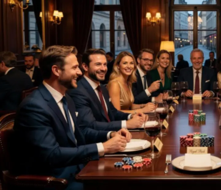 Usměvaví hosté u luxusně prostřeného pokerového stolu