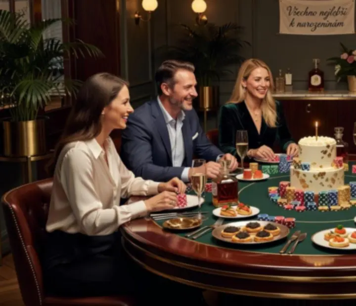Elegantní narozeninová oslava u pokerového stolu v luxusní restauraci