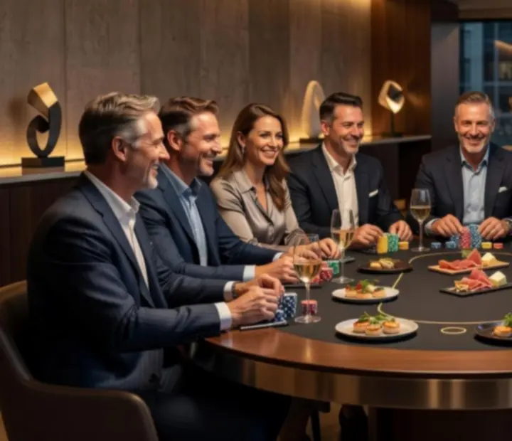 Elegatní týmový pokerový večer s kolegy u stolu v moderní restauraci