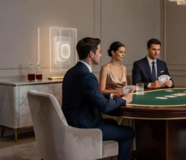 Privátní pokerový večer v elegantním salonku s hosty u designového stolu