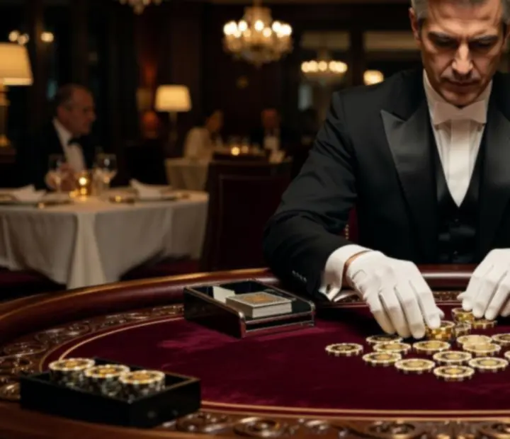 Profesionální dealer u luxusně čalouněného pokerového stolu