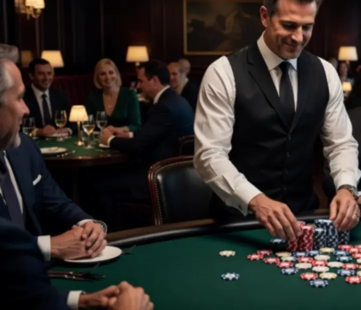 Profesionální krupiéři připravující stůl na společenský pokerový večer
