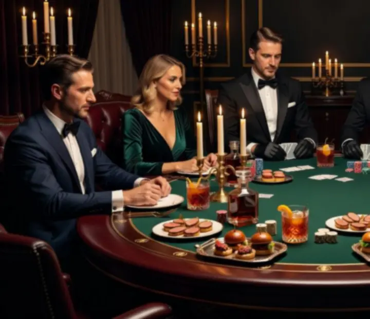 Cinematická fotografie VIP pokerového večera s profesionální obsluhou a luxusním vybavením